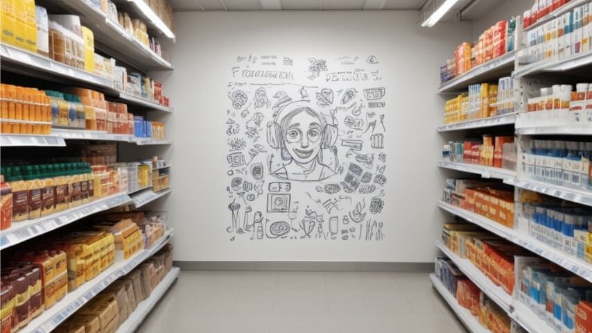 Whiteboard walls in retail supermarket